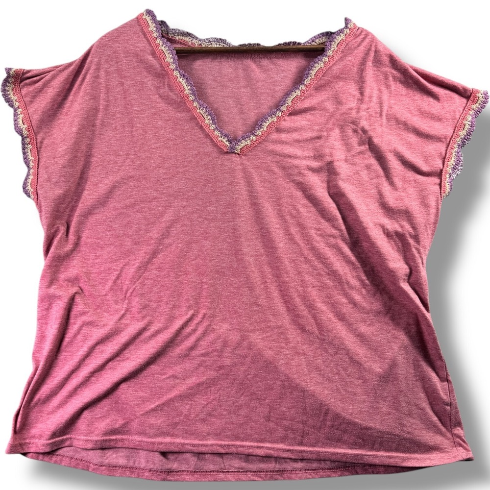 Shein Curve Womens 3XL Pink V-Neck Crinkle Blouse Crochet Trim Short Sleeve Top
